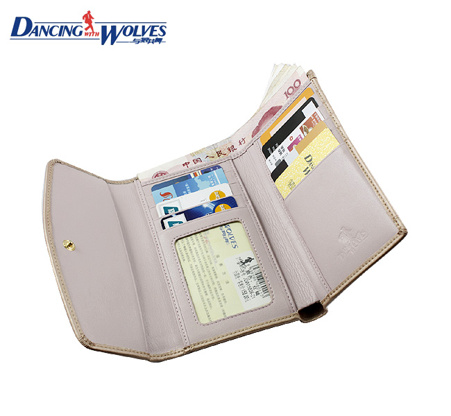 清仓价欧美复古风格搭扣竖款女士钱包 浅粉色三折多功能皮夹短款钱夹 JDW15836-21-第3张图